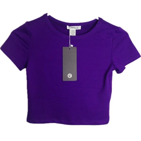Women's Short Sleeve Roundneck Crop Top: Dahlia (Purple) - Picture 2 of 4